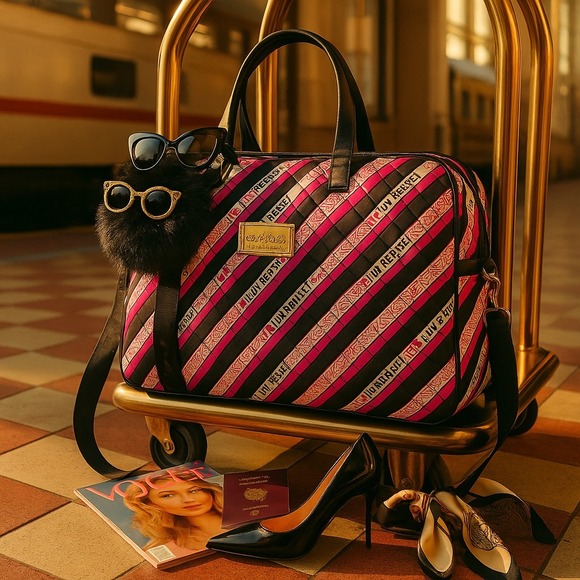 Betsey Johnson Luv Betsey Striped Quilted Duffel Bag With Pom Charm 18x12 - Picture 1 of 16